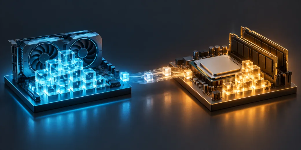 Illustration of model work shared between a GPU and a CPU with system RAM.