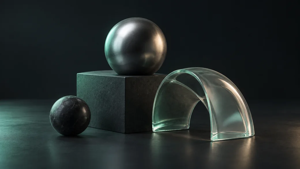 Conceptual 3D scene with metallic spheres, a dark block and a glass arch.