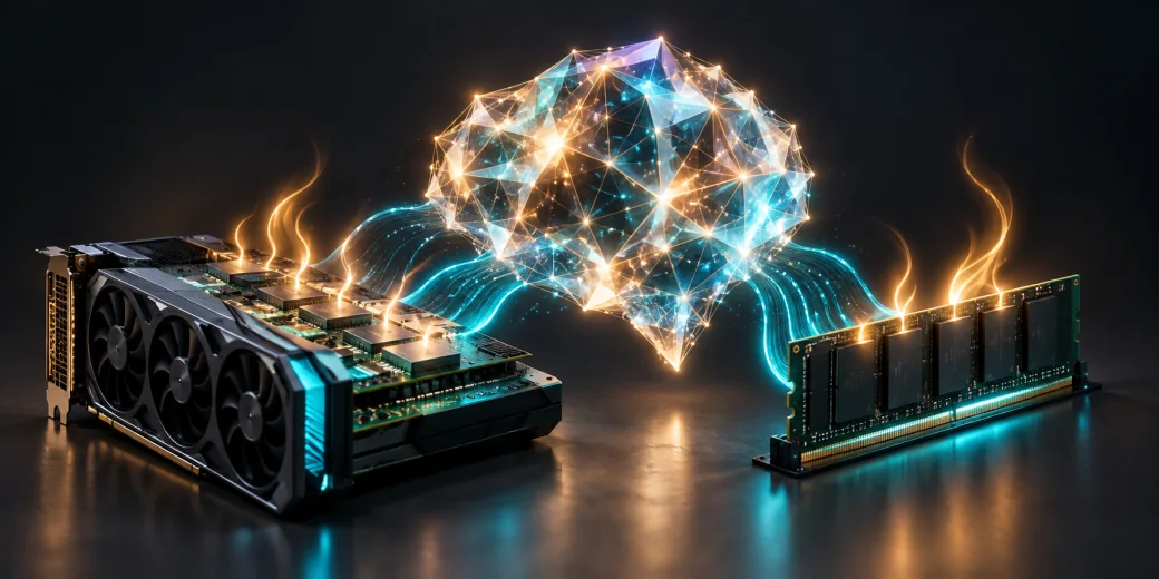 Illustration of a large AI model shared between GPU memory and RAM, with an energetic glow.