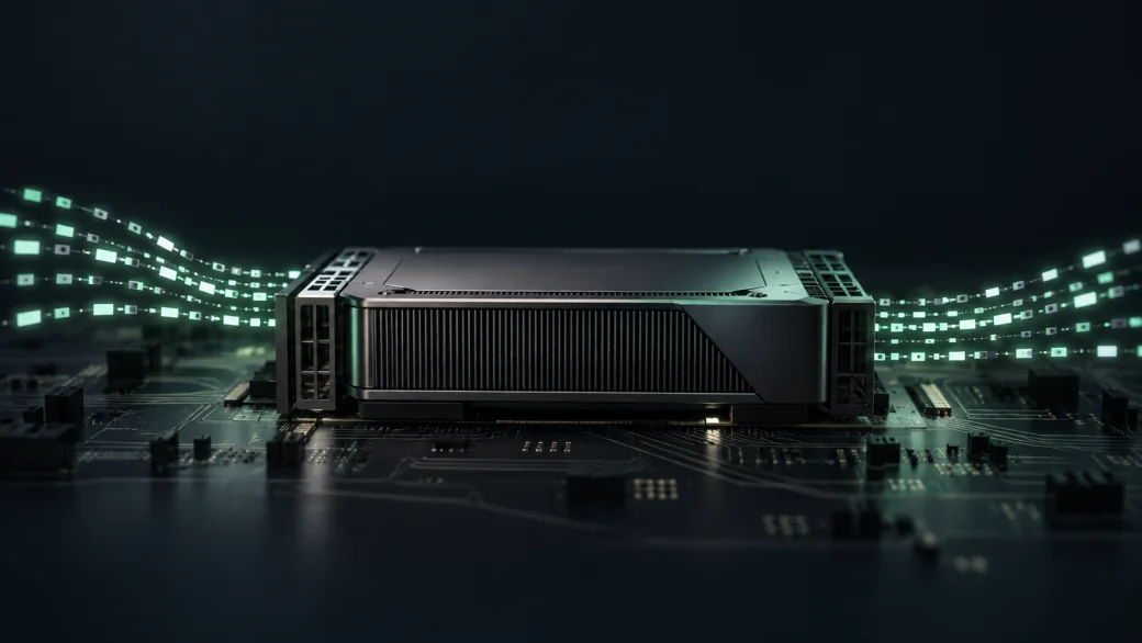 Conceptual GPU module with subtle streams of data.